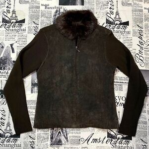 Escapade Womens Brown faux fur collar leather suede chocolate y2k vintage jacket